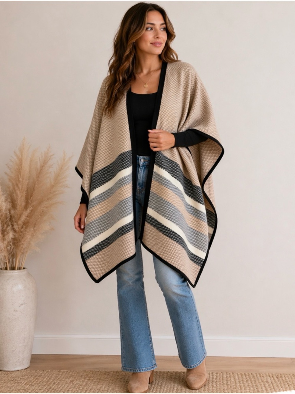 Nicole Miller Colorblock Poncho Sweater Neutral Cape Wrap One Size